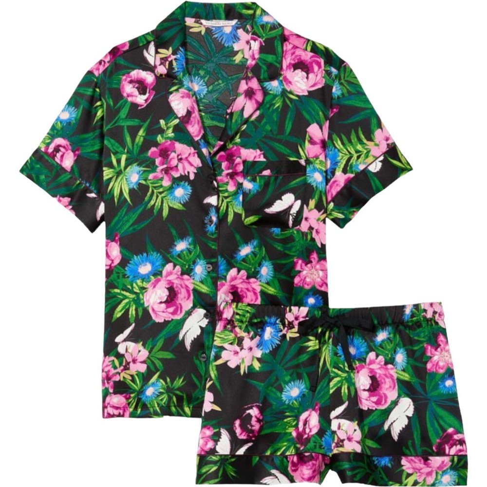Victoria’s Secret Satin Pajamas Shorts Set Medium Floral Butterflies Leaves